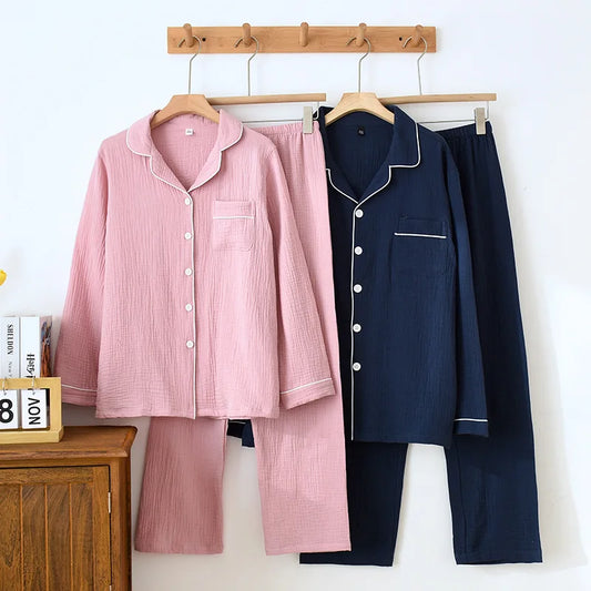 Spring and Autumn Couple Pajamas Set 100%Cotton Crepe Long Sleeve Pants Two Piece Men's and Women's Large Size