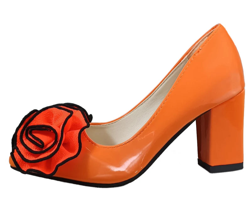Big Flower Rose 7cm Square Heels Pumps Women Shoes