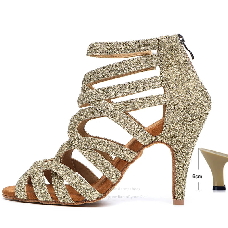 Dance Shoes Latin Gold Sandals For Women Cross straps Comfortable Low heel Square Samba Shoes