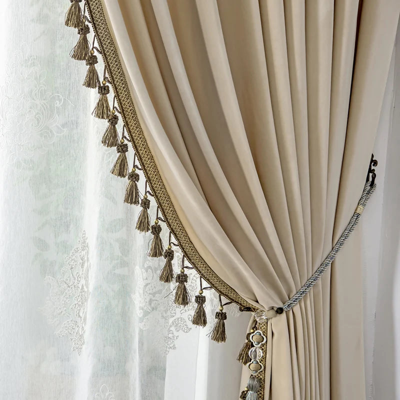 European Velvet Curtains for Living Room Bedroom Villa Luxury Pink Milk Tea Color Solid Color Curtain Head Mantle Valance