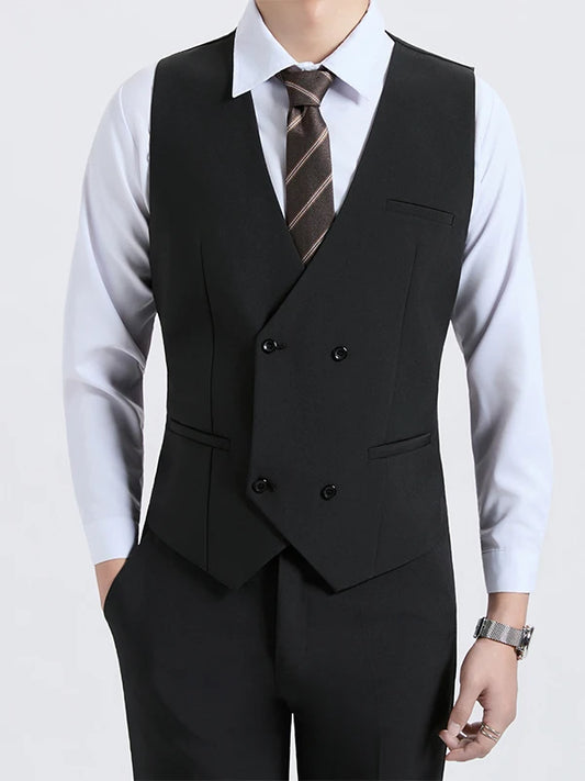 American Men's V-Neck Suit Jacket Vest Double Breasted Slim Fit Business Casual Top for Autumn Winter
