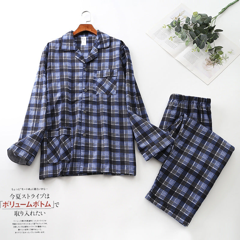 Spring Autumn Winter Long-sleeved Men's Trousers Pajama Set Suits Brushed Cloth Cotton Plaid