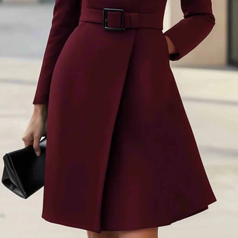 Turtleneck Solid A-Line Dress Elegant Button High Waist Pocket Long Sleeve Casual Party Dress