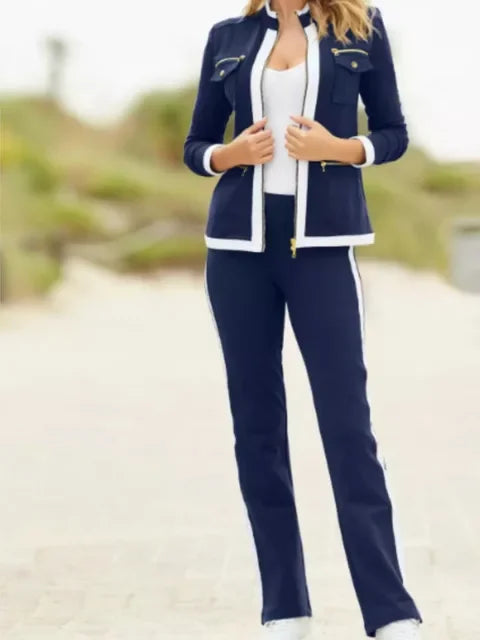 Women Two Piece Sets Zipper Jacket Straight Pants Set