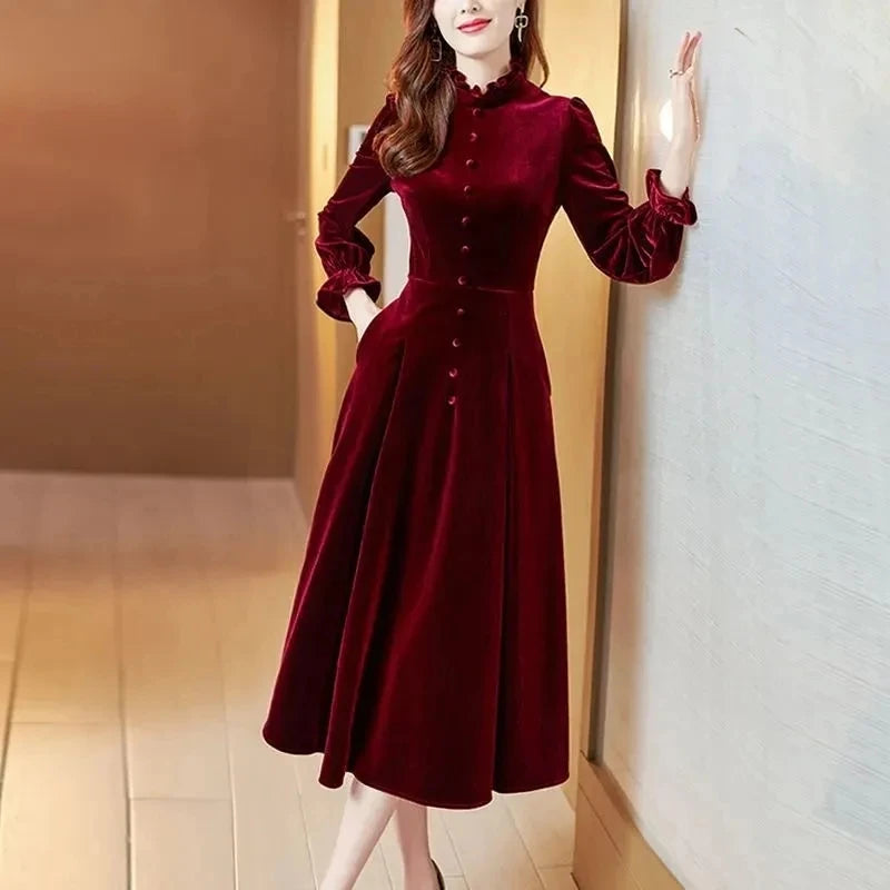 Wine Red Golden Women Velvet Dress Long Sleeved Long Dresses