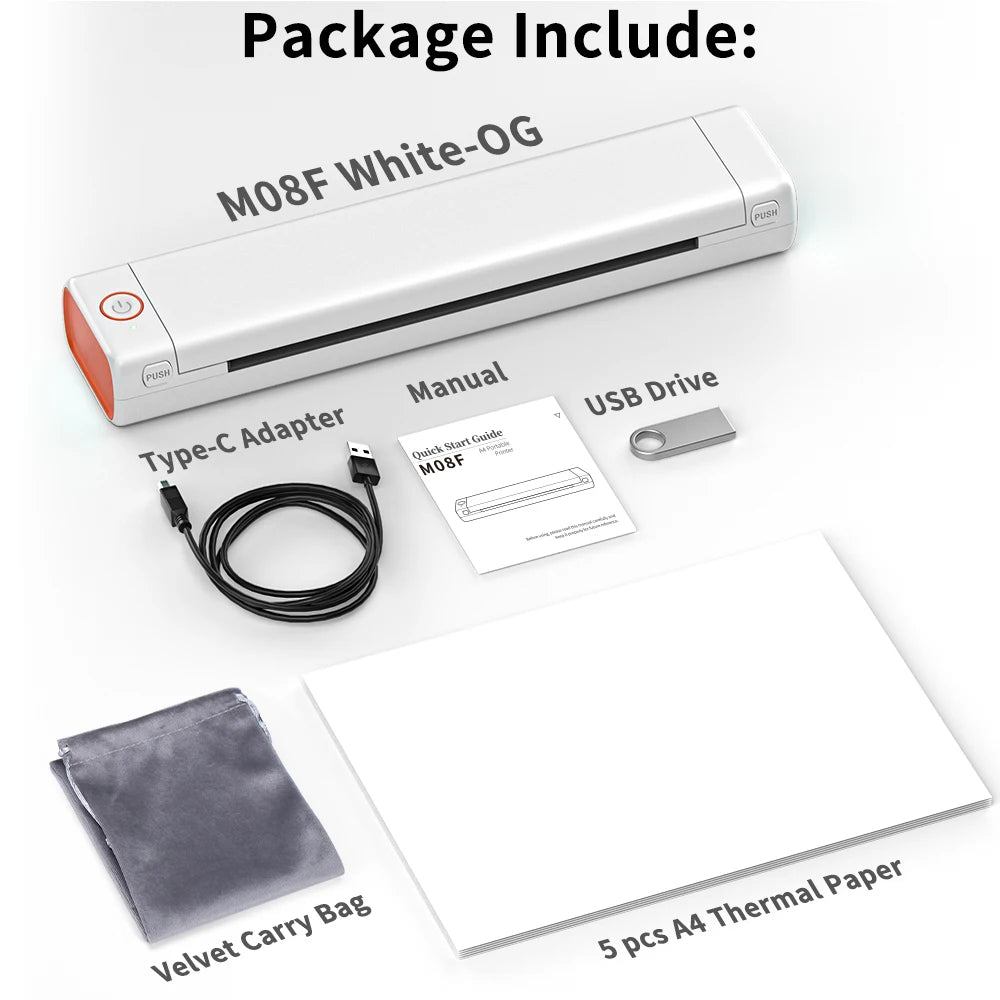 M08F Portable Phone Travel Home Wireless Thermal Printer Bluetooth Use A4 Mobile Printer for Laptops Inkless