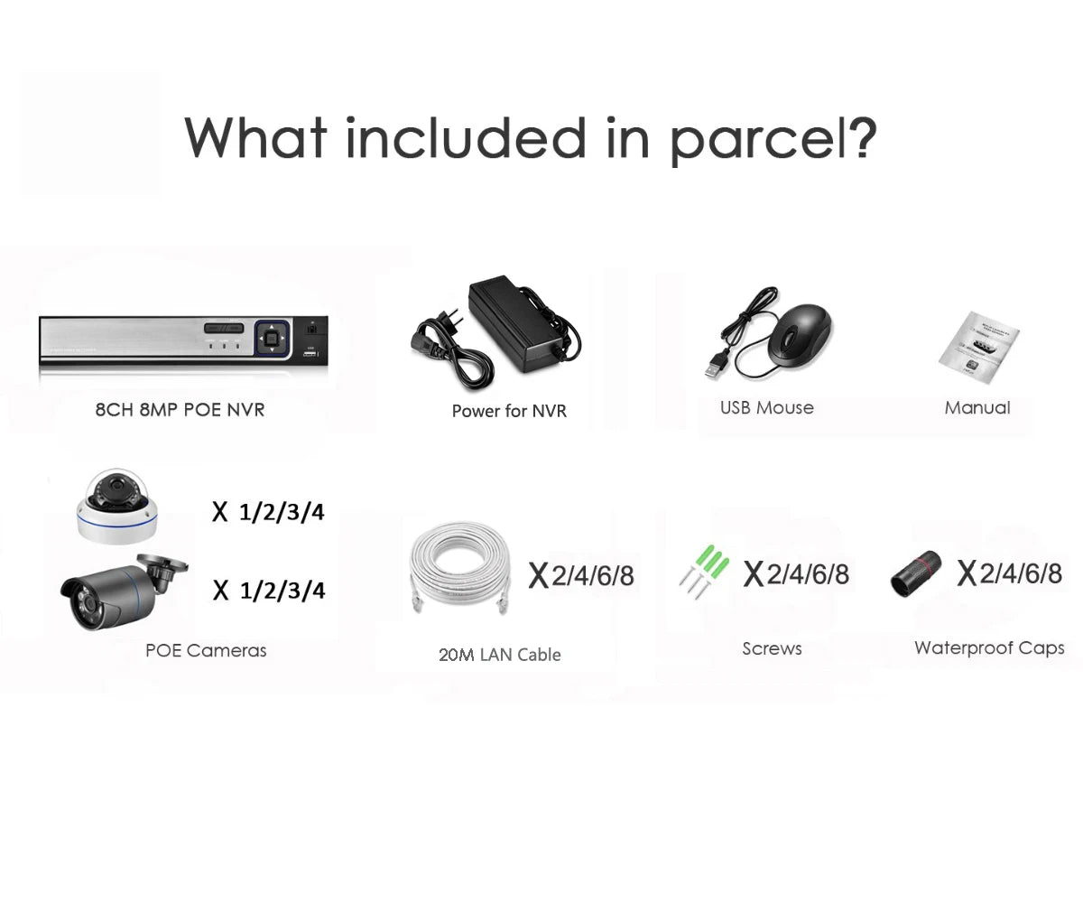 AZISHN 4K 8MP Video Surveillance Set 8CH POE NVR kit AI Human Detection IP Camera Indoor Outdoor Audio Recorder Security System