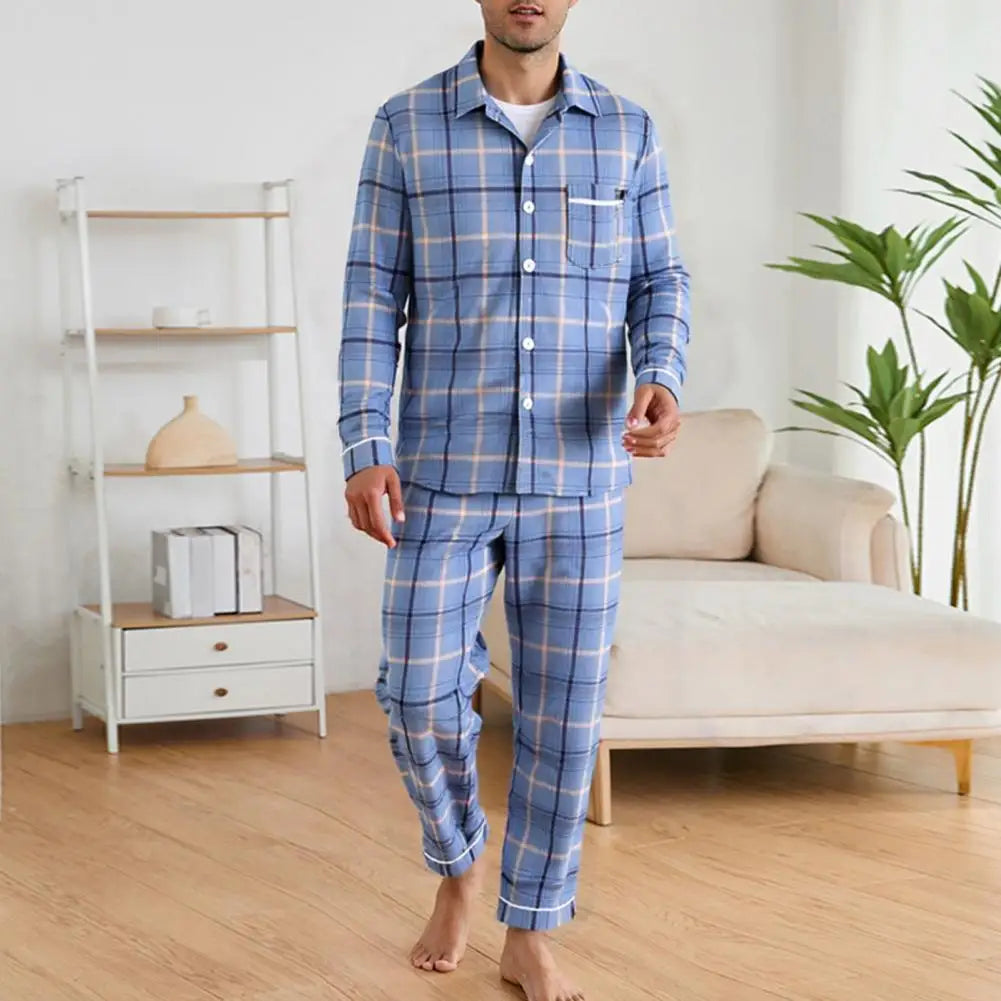 2Pcs/Set Men Pajamas Set Lapel Long Sleeve Single Breasted Tops Elastic Waist Long Pants Set Plaid Print Cotton Linen Sleepwear