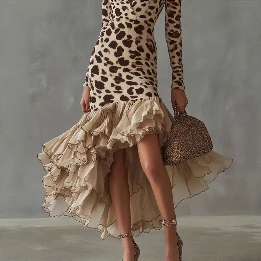 Women Sexy Deep V Neck Leopard Print Slim Fit Long Sleeve Dress Fashion Mesh Splicing Hem Autumn