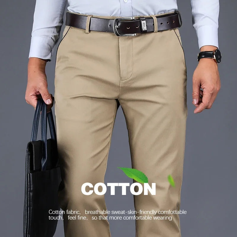 98% Cotton Casual Men's Pants Classic Straight Loose High Waist Elastic Trousers