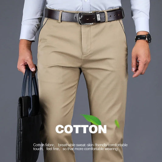 98% Cotton Casual Men's Pants Classic Straight Loose High Waist Elastic Trousers