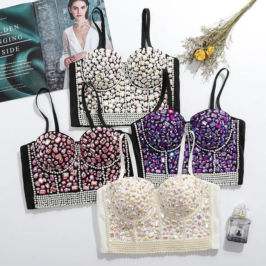 Women Rhinestone Diamond Tank Top Push Up Bustier Camisole Sequin