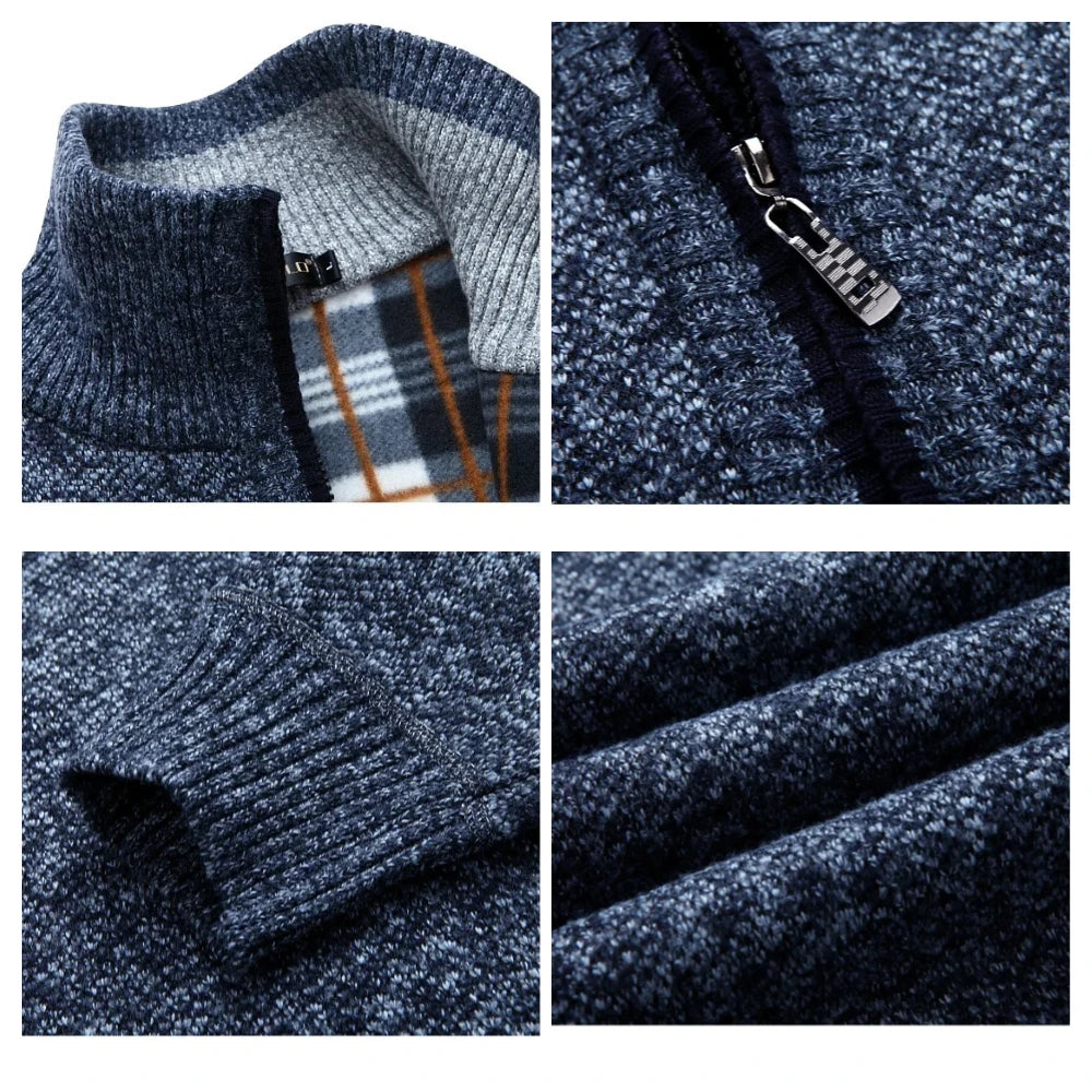 Winter Men's Knitted Sweater Coat Long Sleeve Thick Cardigan Fleece Zipper Causal Solid Color
