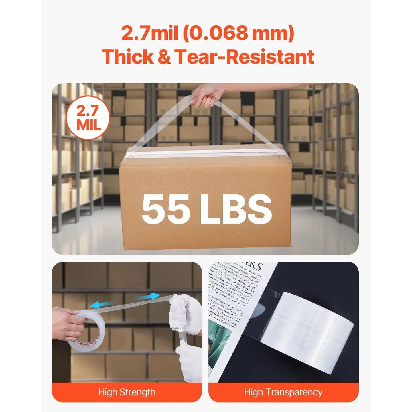 Clear Heavy-Duty 3-Inch Core Packing Tape 6 Rolls No Dispensers 2.7 Mil Thick Designed for Packaging