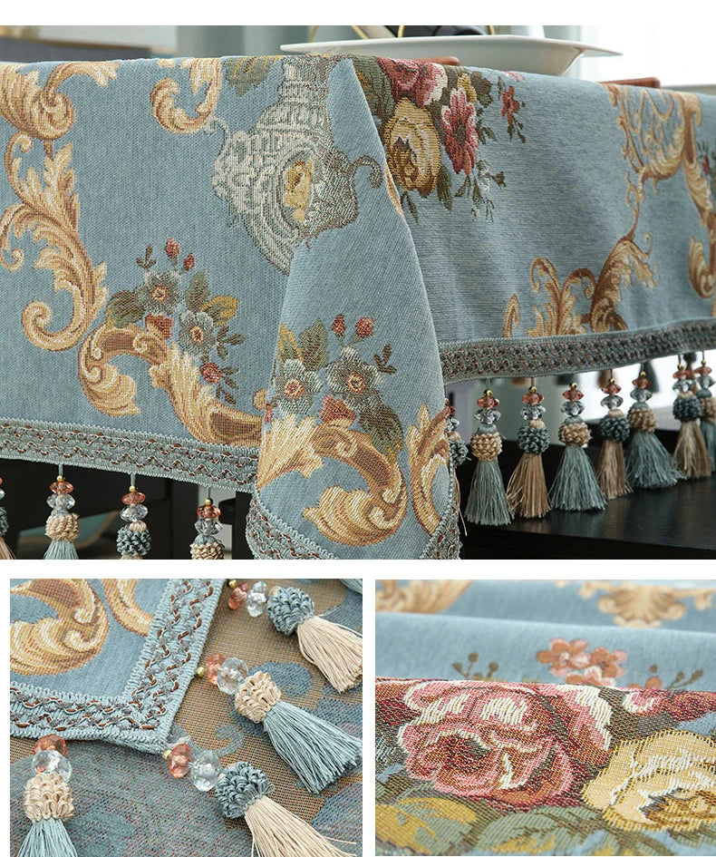 Luxury Jacquard Tablecloth with Tassel Pendant Chenille Fabric Rectangular Table Cover European Living Room Coffee Table Cloth