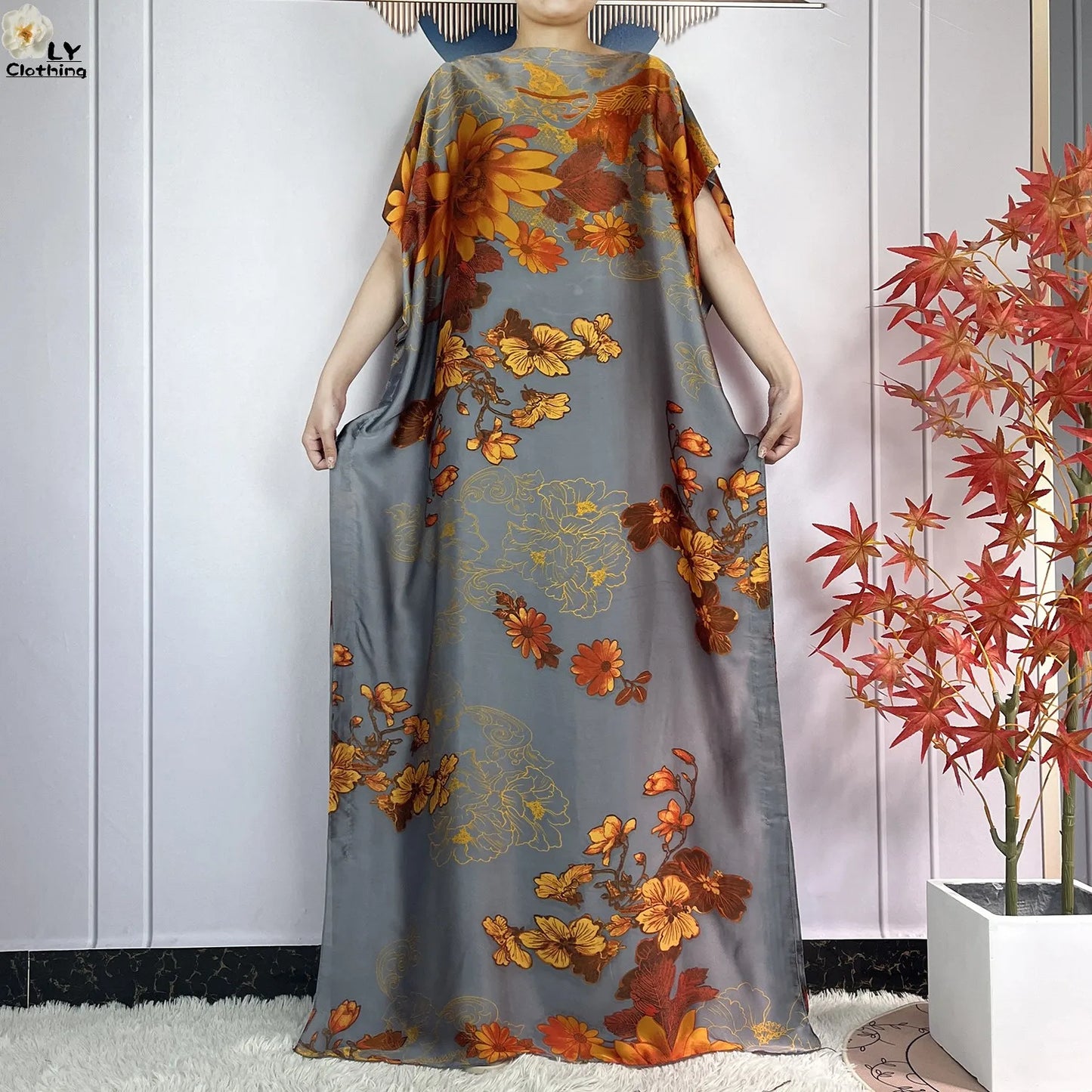 Women Printed Silk Soft Loose Maxi Party Dresses With Belt Turban