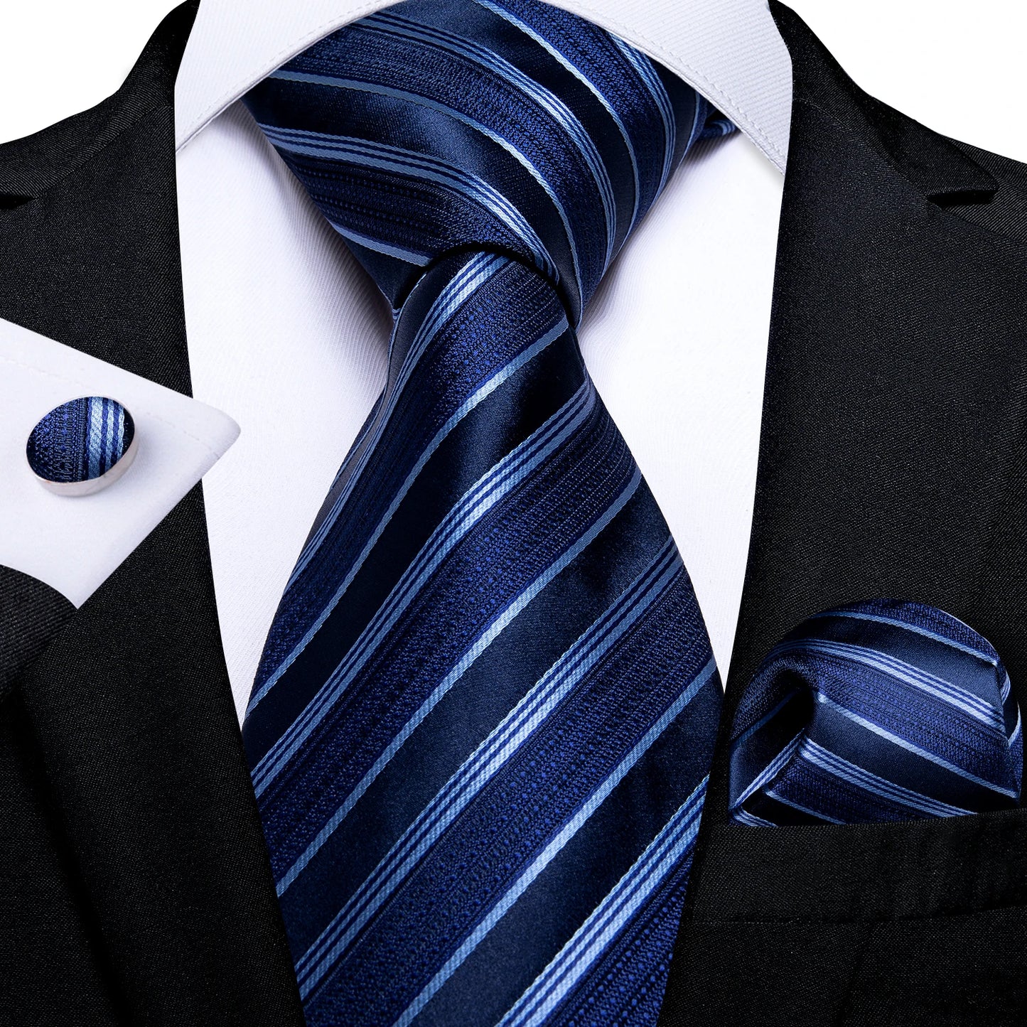 New Classic 100% Silk Men's Ties 8cm Blue Plaid Dot Striped Business Necktie Handkerchief Wedding Party Tie Set