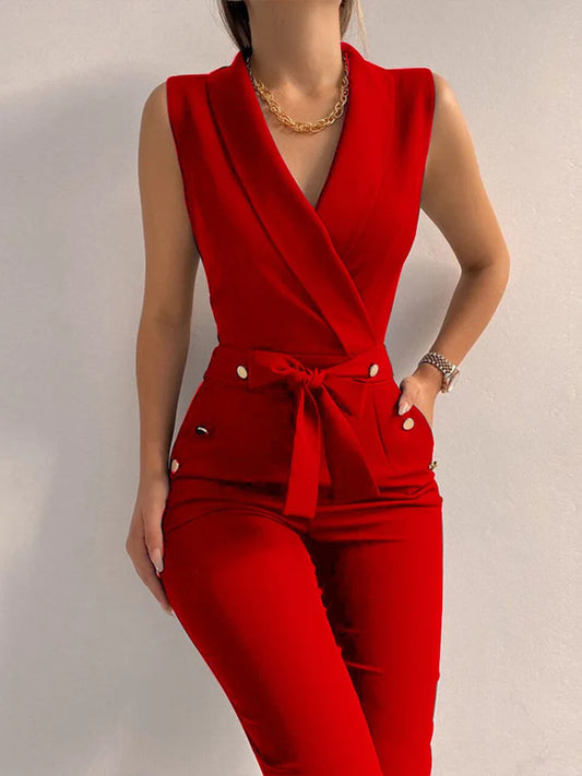 Women Casual V Neck Jumpsuits Button Lace Up Sleeveless Wide Leg Pants