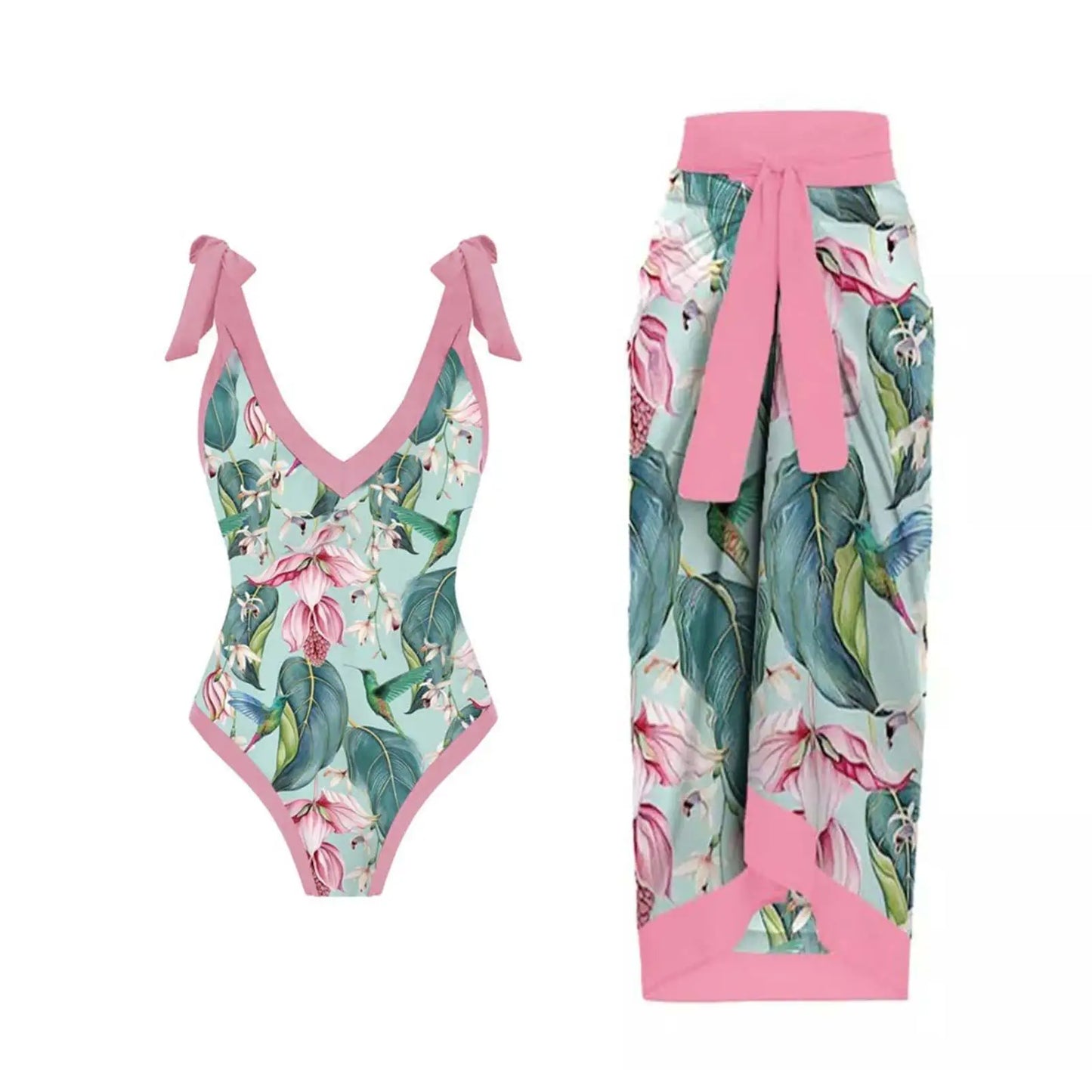 2-Piece Women Brazilian Floral Printed Ruffle Bikinis Strappy Bandage Swimwear