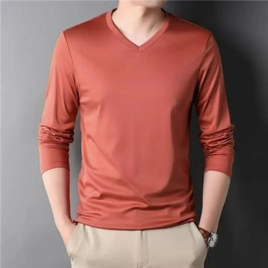 Men Thin Solid Cotton T-shirt Long Sleeve V-Neck Thin