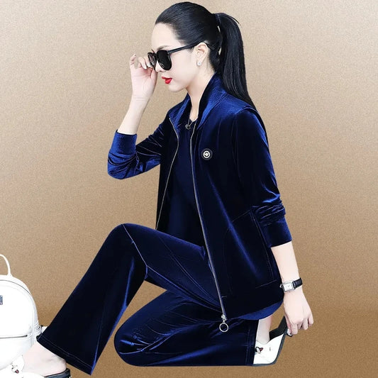 Women Leisure Sports Suits Spring Autumn Velvet Gold Running Tracksuit Oversize 3-Piece Set