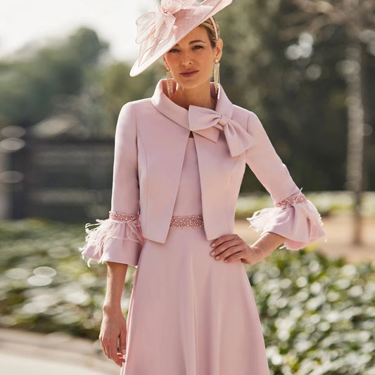 Elegant Pink Mother of the Bride Dresses O Neck 3/4 Sleeves Customized Wedding Party Gowns Beadings A-Line