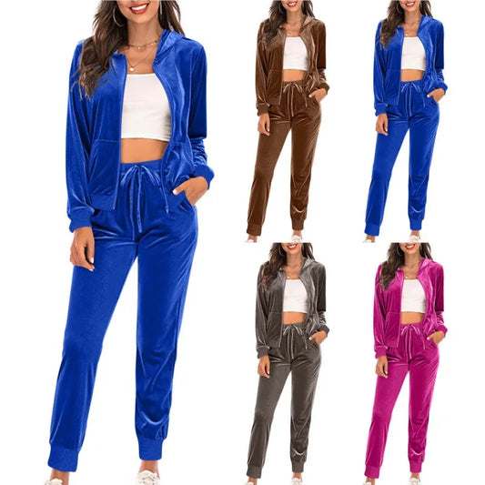 Women Spring Velvet Tracksuit 2 Piece Sweatshirt Sweatpants Set Full Zip Hoodie