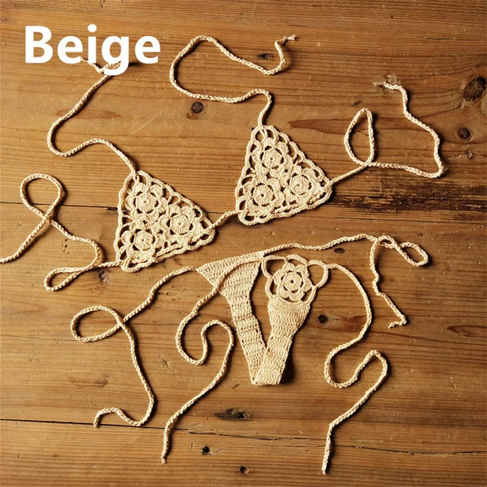 Women Sexy Handmade Bikini Sets Crochet Flower Solid Color Lace Thong String Swimwear Sunbathing Swimsuit Beach Wear Lace-up