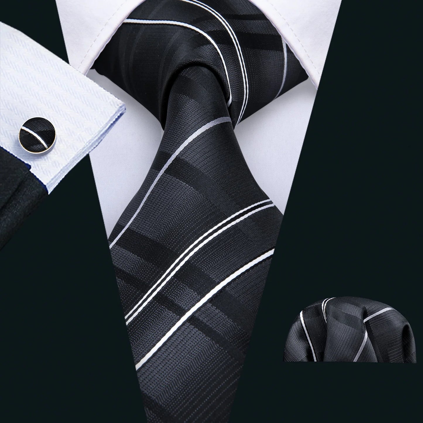 Business Black Silk Ties For Men Classic Solid High Quality Woven Pocket Square Cufflinks Sets Party Formal Designer Barry Wang