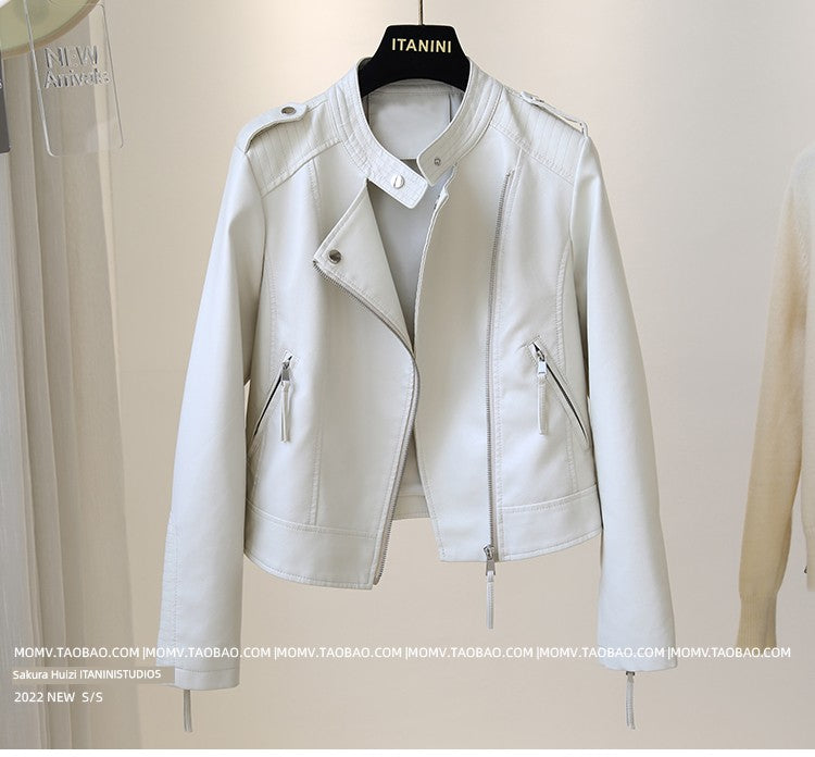 Short Stand-up Collar Slim-Fit Long-Sleeved Motorcycle Leather Coat