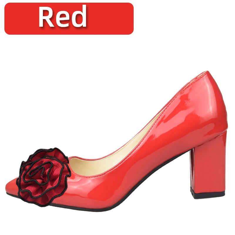 Big Flower Rose 7cm Square Heels Pumps Women Shoes