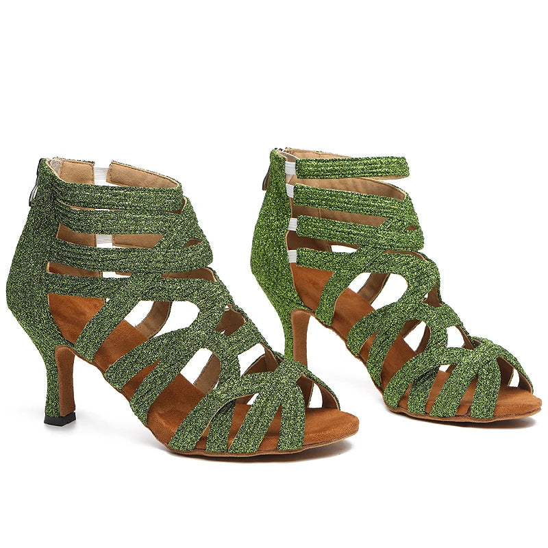 Dance Shoes Latin Gold Sandals For Women Cross straps Comfortable Low heel Square Samba Shoes