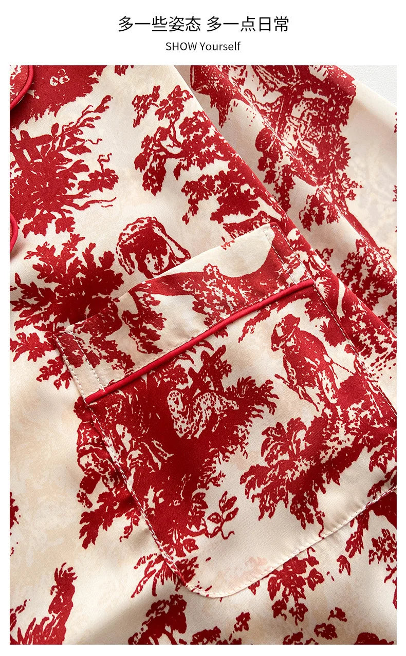 Red Sexy Pajamas Set Lapel Shirt & Pants for Lady Summer Spring 2Pcs Nightwear