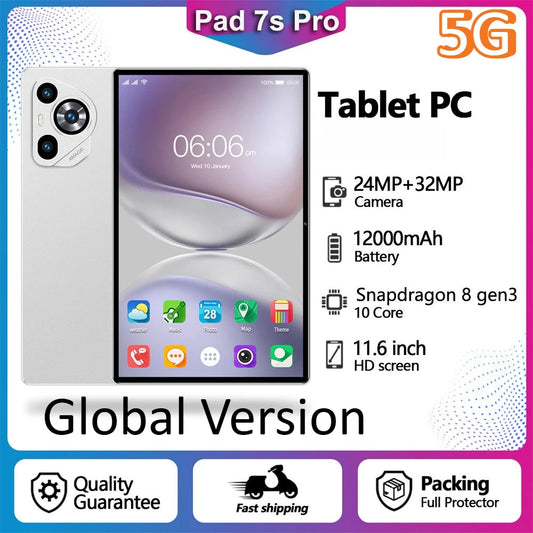 Hot New Pad 7s Pro Original Tablets 11.6inch Global Version Android 15 Tab 5G Dual Sim 12000mAh Tablets Children's Kids Tab PC