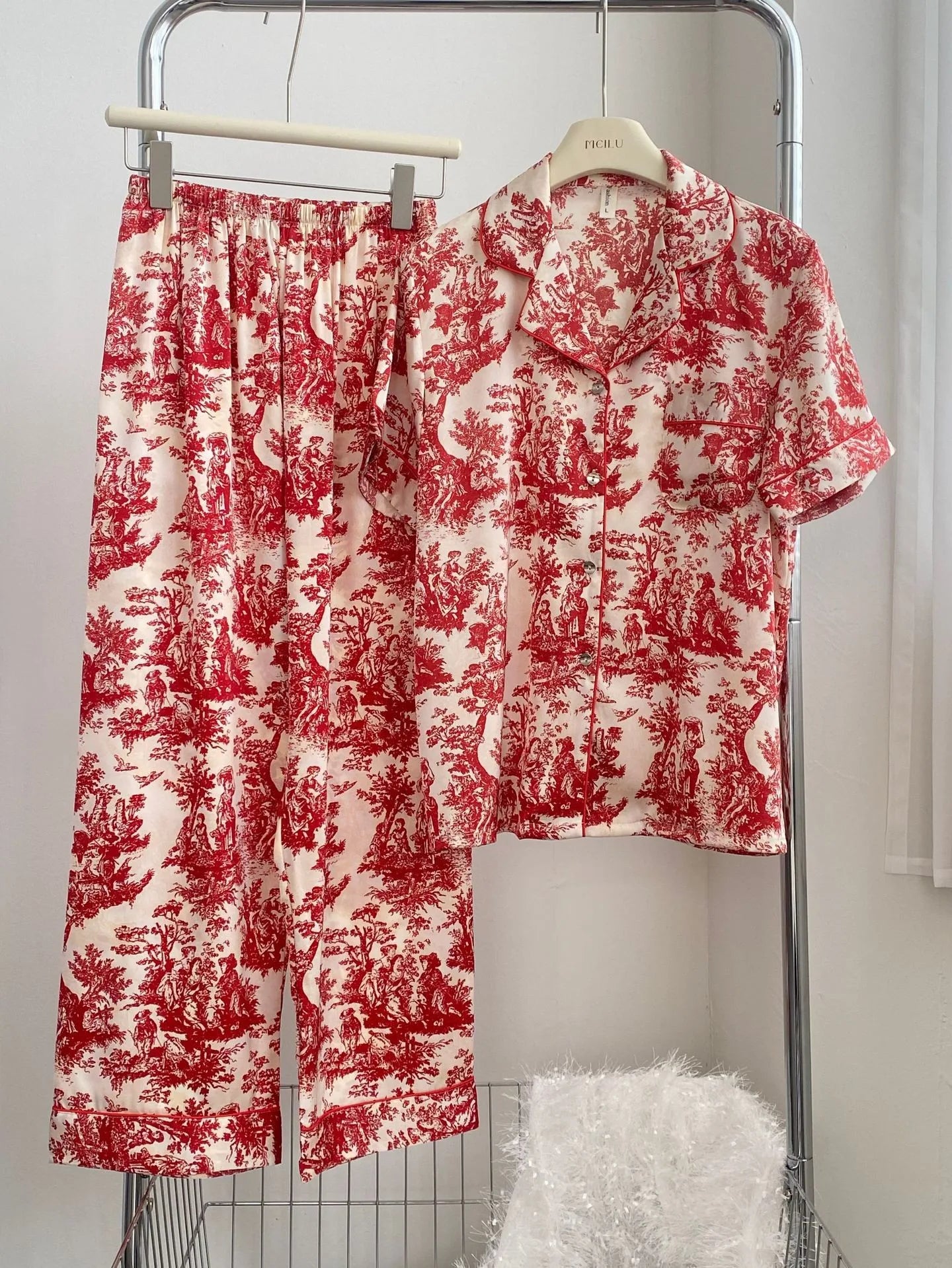 Red Sexy Pajamas Set Lapel Shirt & Pants for Lady Summer Spring 2Pcs Nightwear