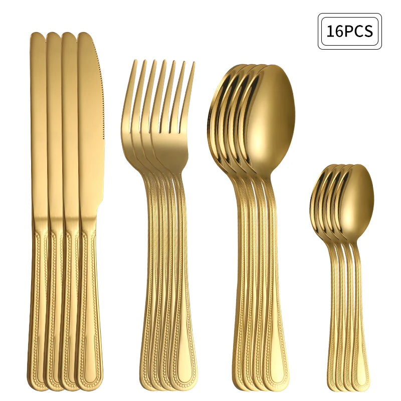 24pc Stainless steel gold cutlery set knife fork spoon steak knife fork dessert fork spoon retro suitable for restaurant kitchen