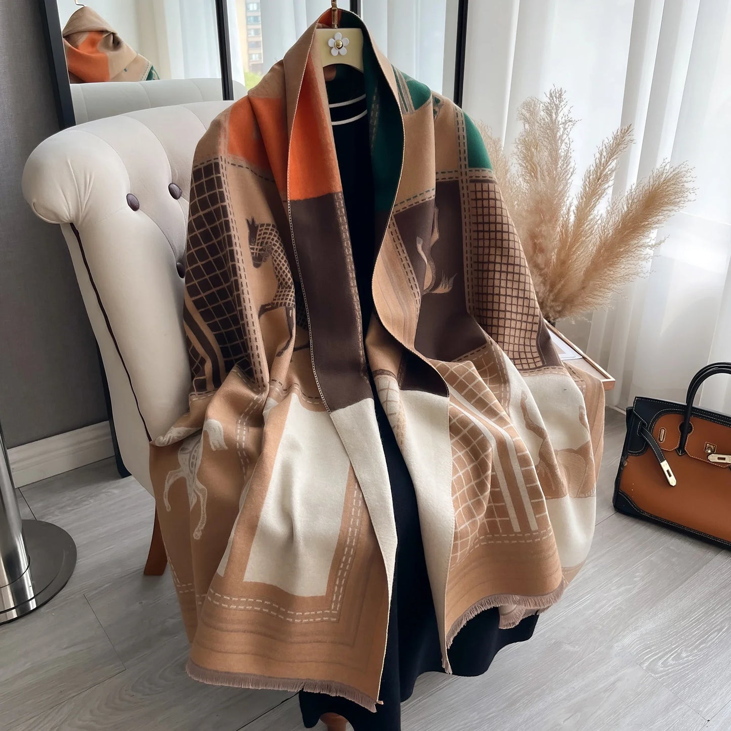 Luxury Women Thick Winter Cashmere Scarf Horse Print Warm Pashmina Poncho