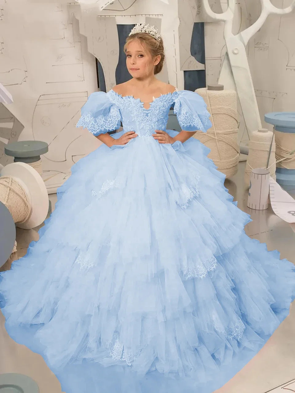 Elegant Puffy Sleeves Flower Girl Dresses for Wedding Robe A-Line First Communion Pageant Party Gowns