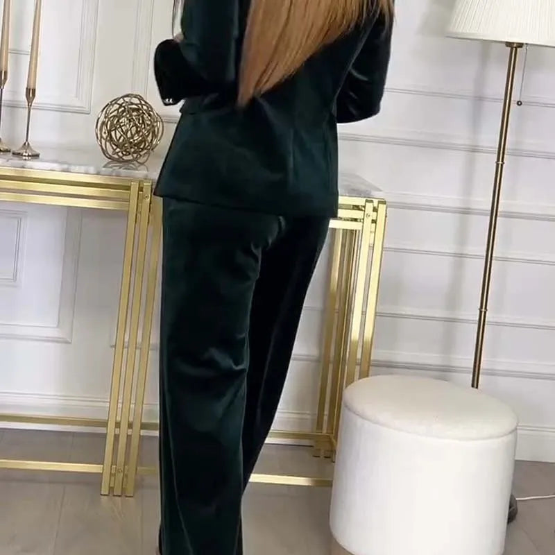 Women Double-breasted Velvet Suit Trousers Two-piece Set Autumn Winter