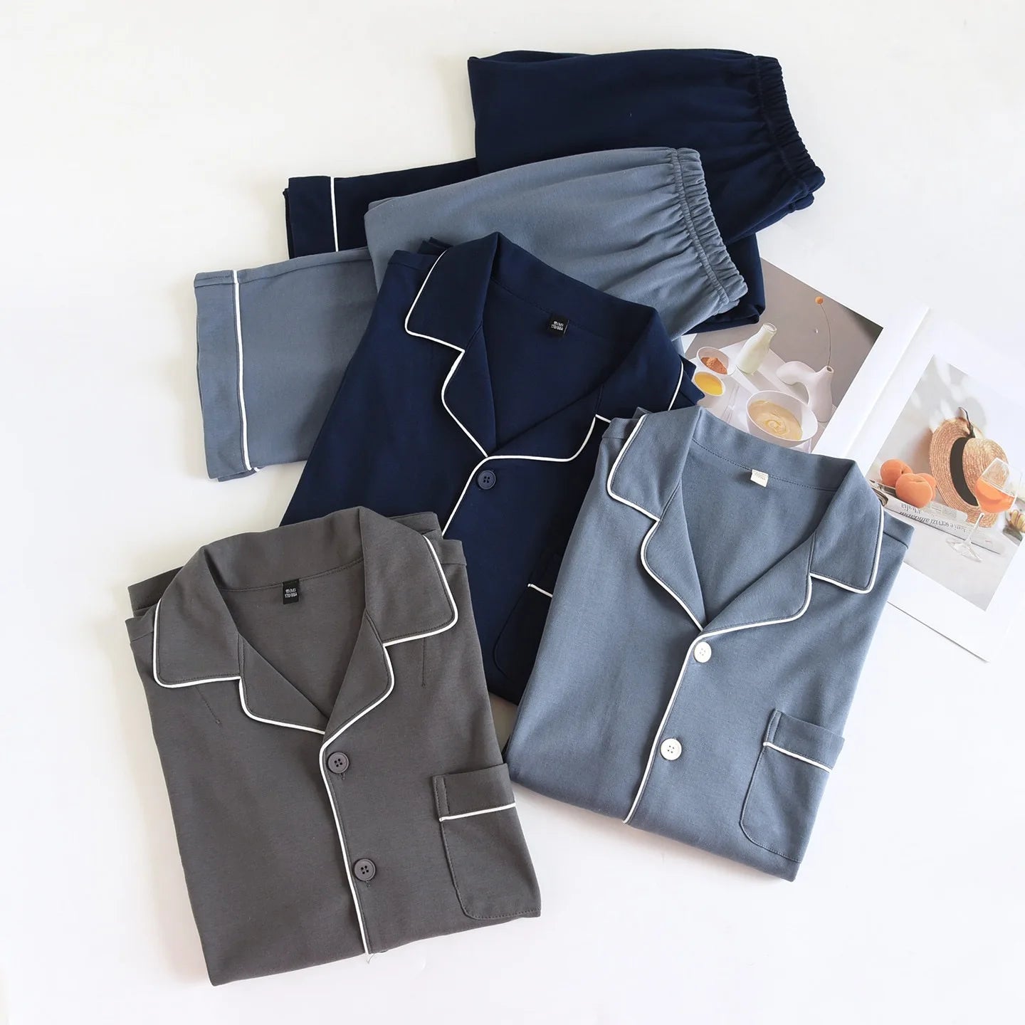 100% Cotton Men Pajamas, Thick sleepwear Long sleeved long pants Nightwear Loungewear