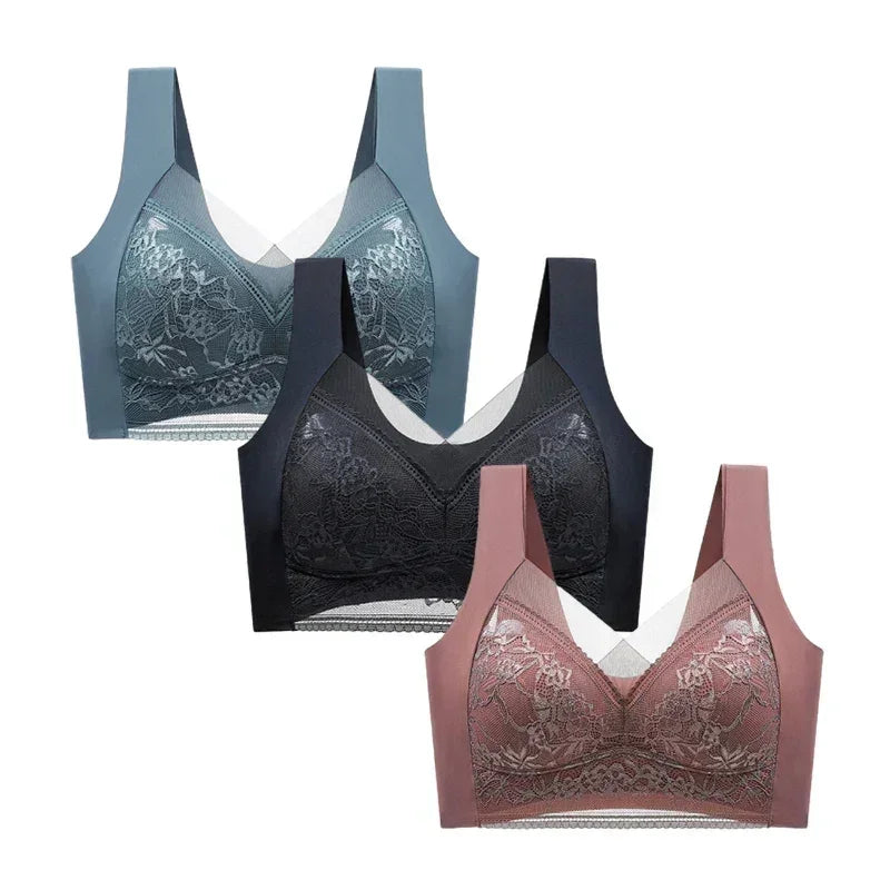 FallSweet 3PCS Lace Push Up Bras for Women Sexy Wireless Bra Ice Silk Deep V Bralette Tops Female Lingerie Mom's Underwear L-5XL