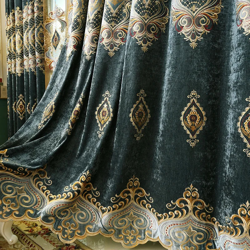 Blue Chenille European Embroidery Curtains Custom Size Retro Print Luxury Light Control for Living Room Bedroom Dining