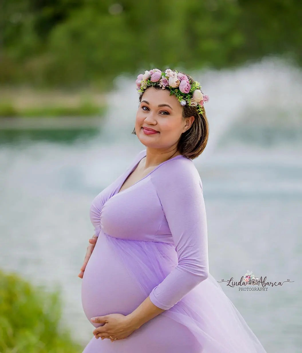 Maternity Long Sleeved Floor Length Mesh Dress