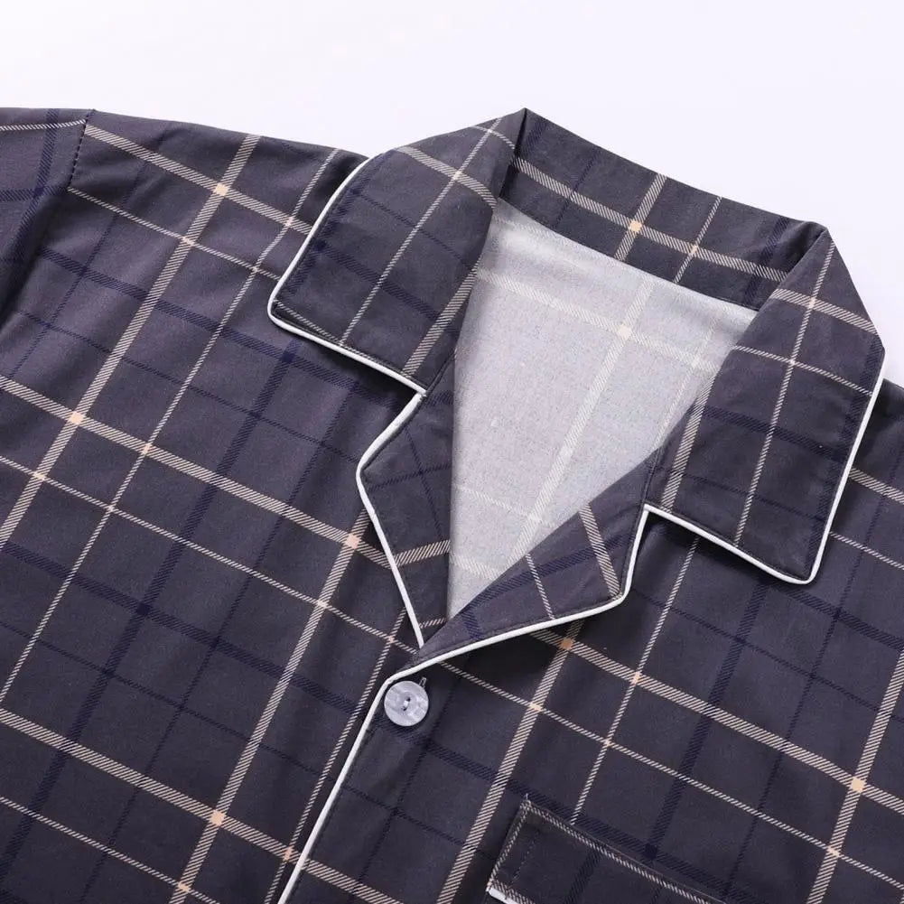2Pcs/Set Men Pajamas Set Lapel Long Sleeve Single Breasted Tops Elastic Waist Long Pants Set Plaid Print Cotton Linen Sleepwear