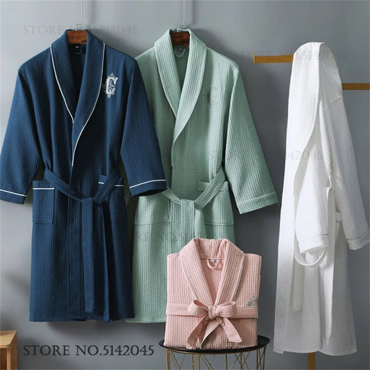 Waffle 100% Cotton Sleepwear Hotel Embroidery Kimono Bathrobe Gown