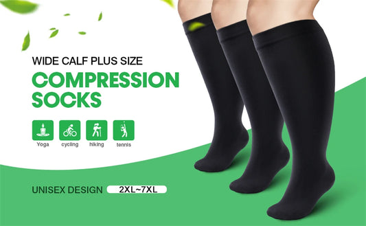1 Pair 2XL-7XL Large Size Compression Socks for Women and Men 20-30 MmHg Wide Calf Knee Stockings for Sports Running Yoga