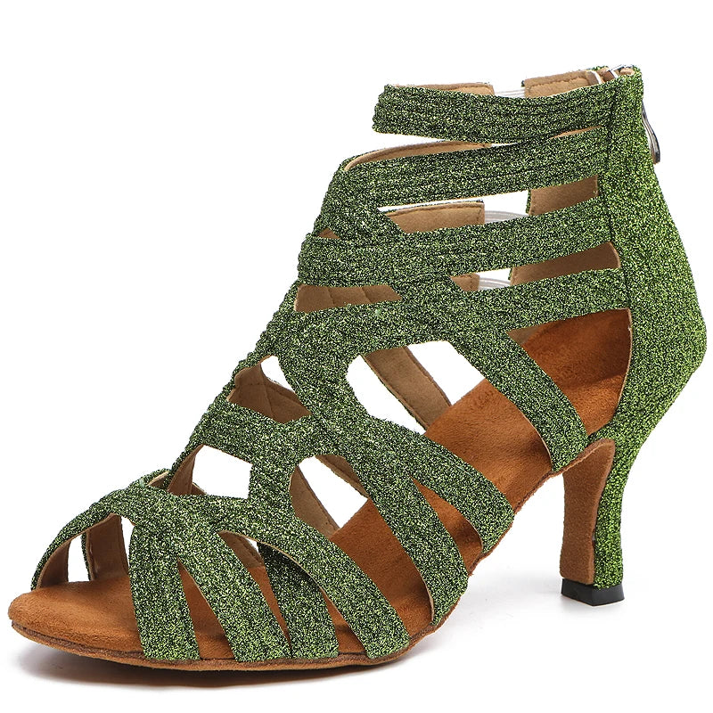 Dance Shoes Latin Gold Sandals For Women Cross straps Comfortable Low heel Square Samba Shoes