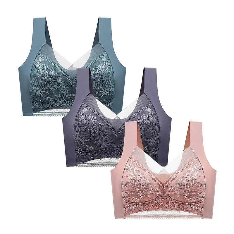 FallSweet 3PCS Lace Push Up Bras for Women Sexy Wireless Bra Ice Silk Deep V Bralette Tops Female Lingerie Mom's Underwear L-5XL