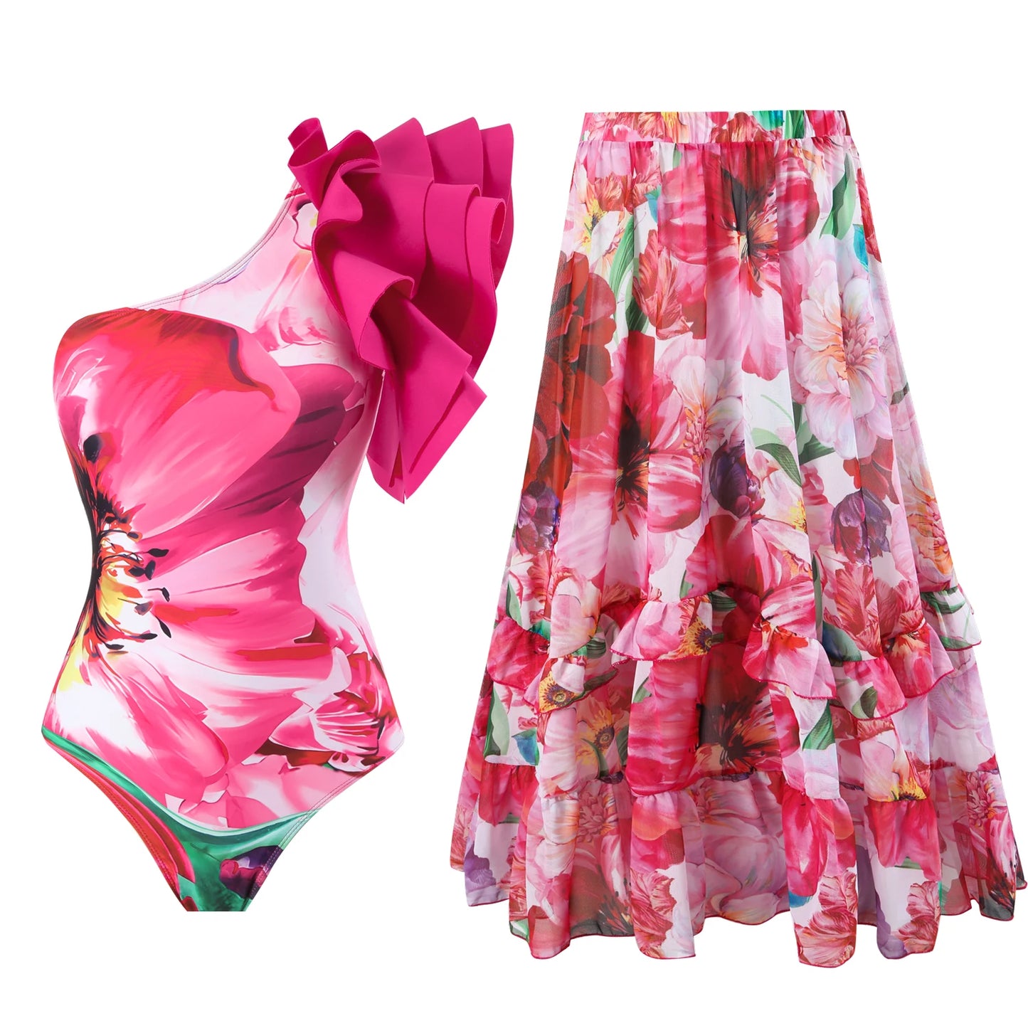 2-Piece Women Brazilian Floral Printed Ruffle Bikinis Strappy Bandage Swimwear