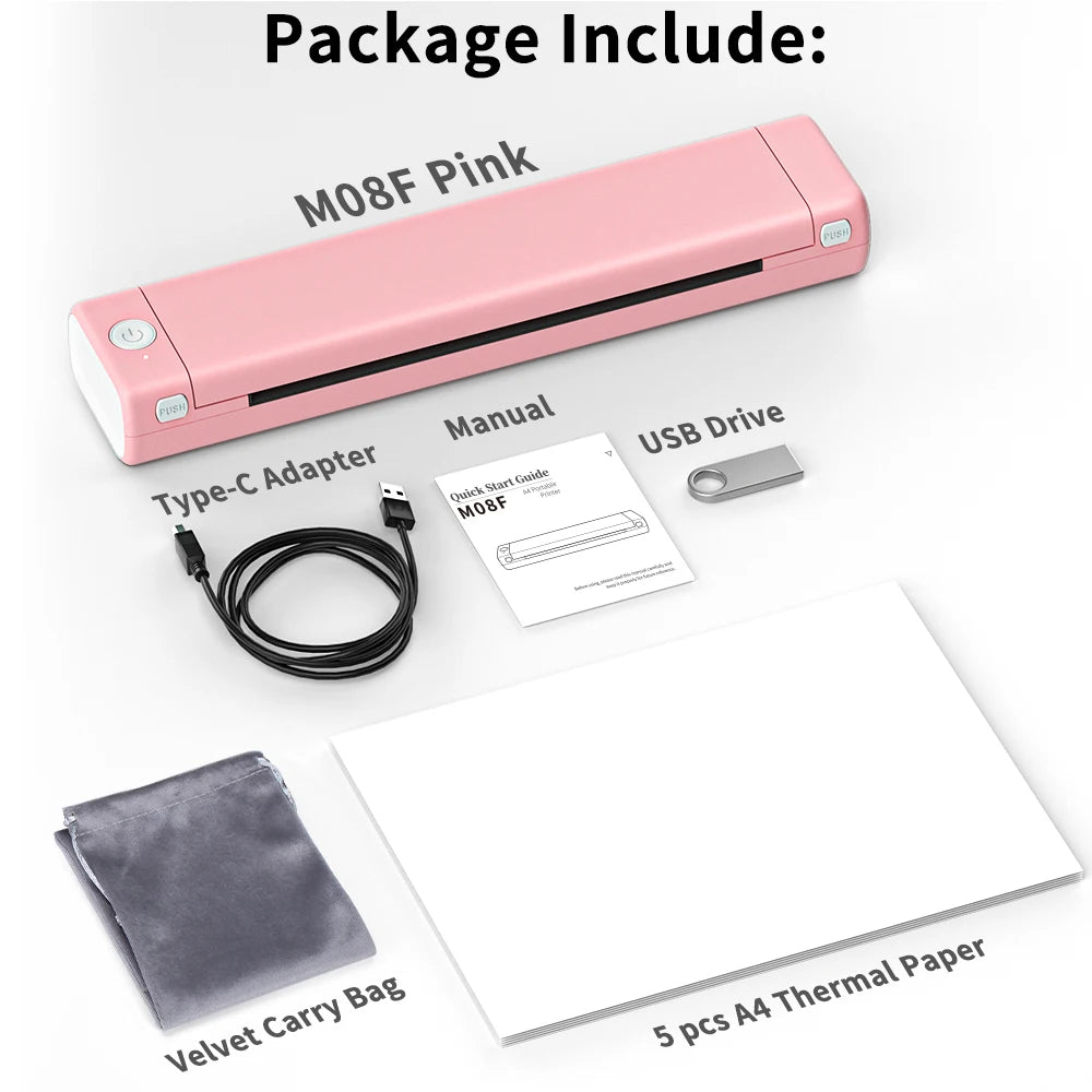 M08F Portable Phone Travel Home Wireless Thermal Printer Bluetooth Use A4 Mobile Printer for Laptops Inkless